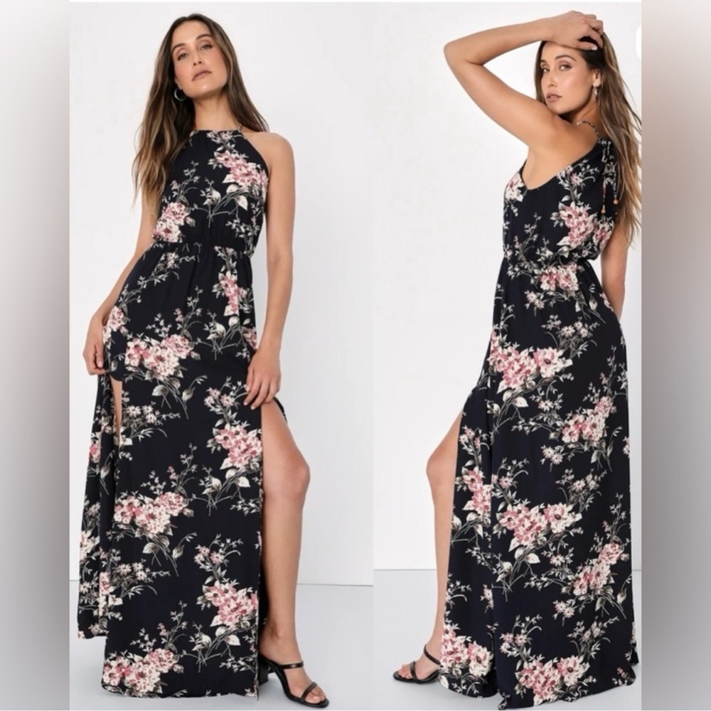Floral Halter Maxi Dress - Navy with Pink Floral